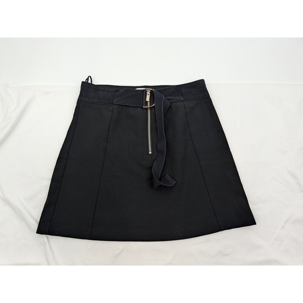 Mango Black Skirt Attached Belt Size 6 Front Zip Preppy Neutral Basic Staple